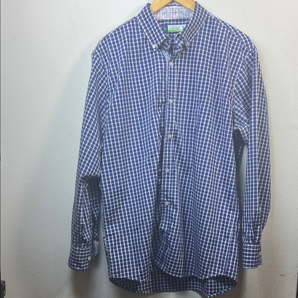 Tailorbyrd Men's L Navy Checkered Casual Shirt button up performance Tailor Byrd